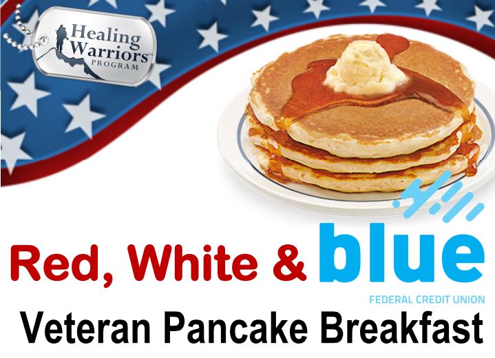 Red, White and Blue Pancake breakfast title showing a stack of pancakes on a background with white stars on blue and red